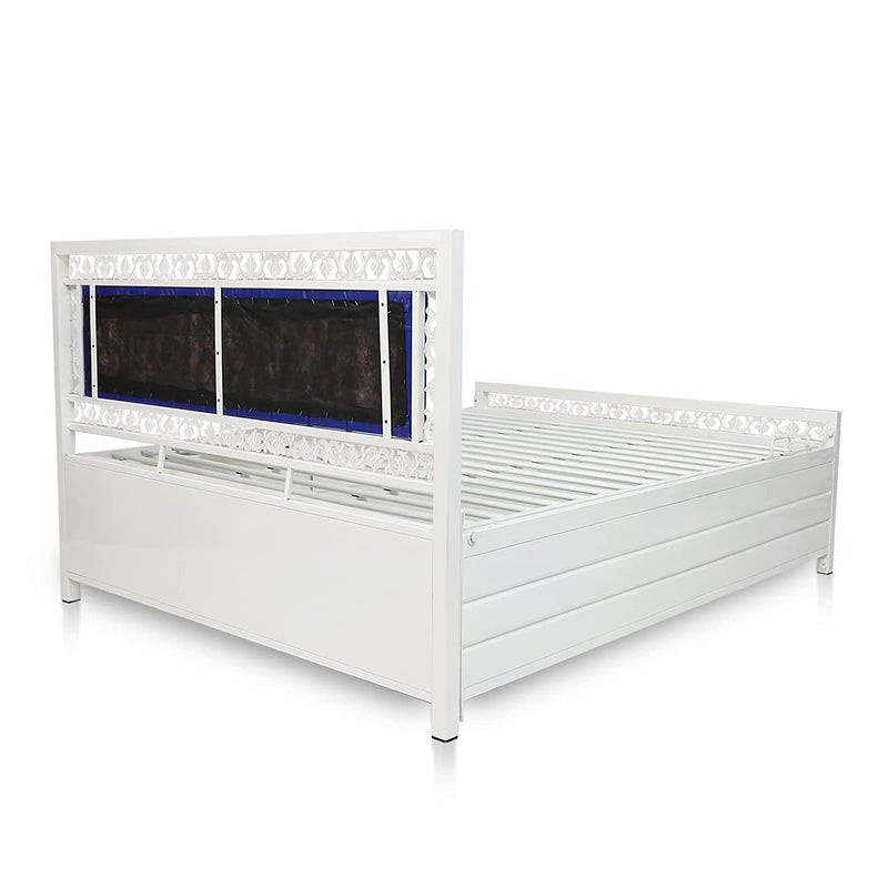 Royal interiors Single Size Metal Bed with Foam Mattress and Hydraulic Storage (Matte Finish,Ivory)