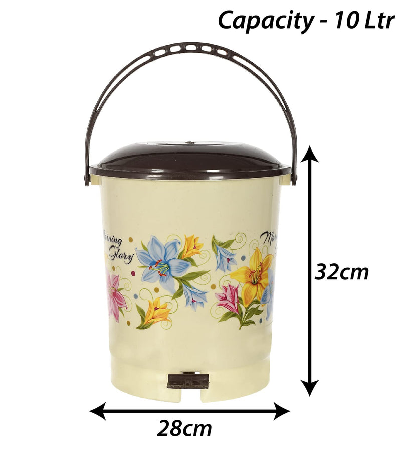 Kuber Industries Multiuses Floral Print Plastic Dustbin For Home, Kitchen, Office, Bathroom With Swing Lid 10 Litre (Cream)