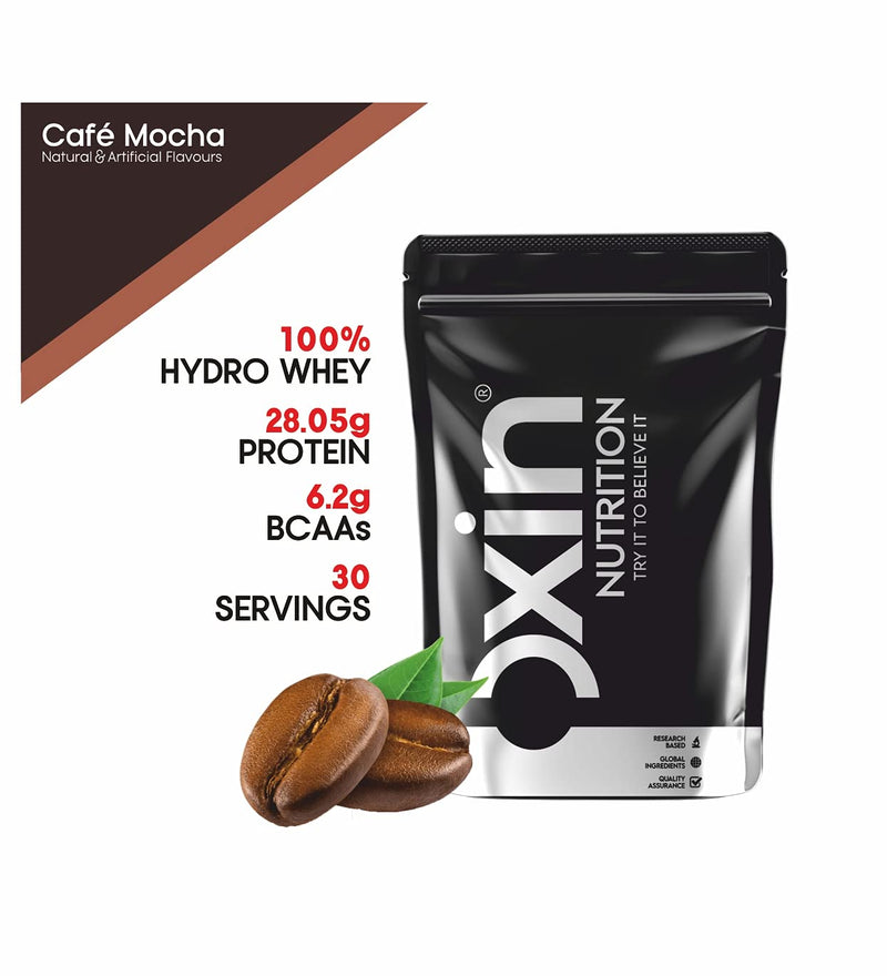 Oxin Nutrition Hydro Whey Protein Powder Supplement Zero Sugar Low Carb & Low Fat Hydro Whey Isolate Protein 100% Hydrolyzed Whey Protein Platinum Quality Hydro - 1kg/ 2.2 lbs - Café Mocha