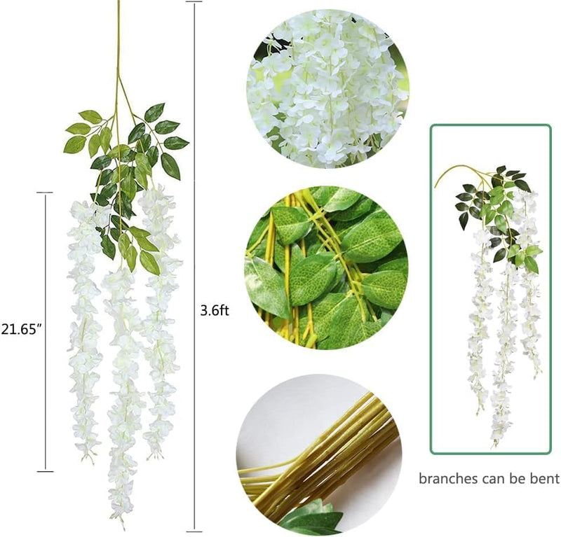 SWADESI STUFF 12 Pack (43.2 FT) Artificial Wisteria Vine Ratta Fake Wisteria Hanging Garland Silk Long Hanging Bush Flowers String Home Party Wedding Decor (White) (WHITE)