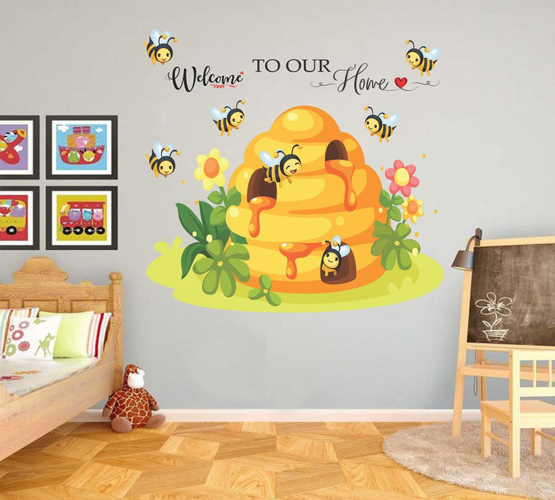 Wallbook Welcome Honey Bee Wall Sticker | Wall Stickers for Home, Kitchen, Office, Bedroom & Living Room (65 x 69 cms)