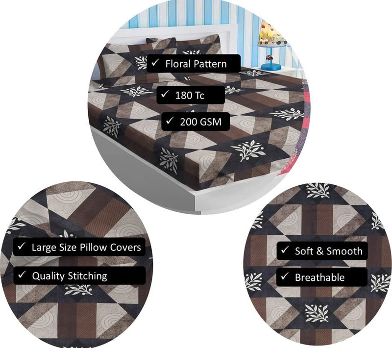 BSB HOME Style Cotton Feel Glace Cotton Elastic Fitted Printed King Size Double Bed Bedsheet with 2 Pillow Cover (78"x72", Big Checks- Dark Brown)