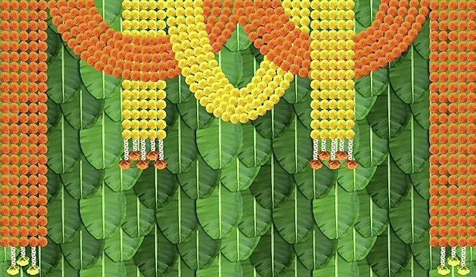 Anu Novelties Fashion Marigold Flower, Banana Leaf Design Backdrop Curtain for Pooja Decoration Traditional/Festival Polyester -Taiwan Washable Fabric, 5 Height & 8 Width