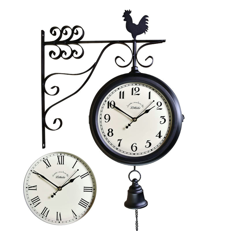 Outdoor Double Sided Clock Double Sided Hanging Clock for Patio Garage Outdoor Area Antique Train Station Clock Two Sided Clock for Indoors/Outdoors