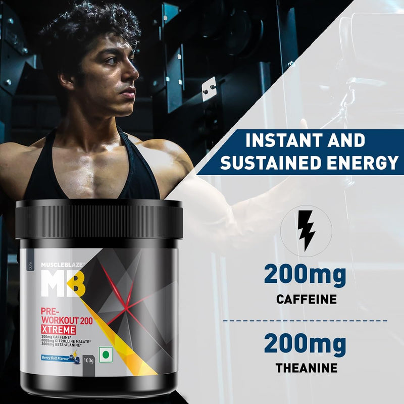 MuscleBlaze Pre Workout 200 Xtreme, 200 mg Caffeine, 200 mg Theanine, 2000 mg Beta Alanine, 3000 mg Citrulline (Berry Bolt, 100 g) & Creatine Monohydrate CreAMP™ with CreAbsorb™ (100 g, Unflavoured)