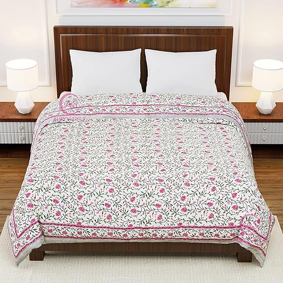 EMIOUR Pure Cotton 400 TC Hand Block Printed Jaipuri Quilt, Double Bed-90 x 108 cm, Multicolor (Design 2)