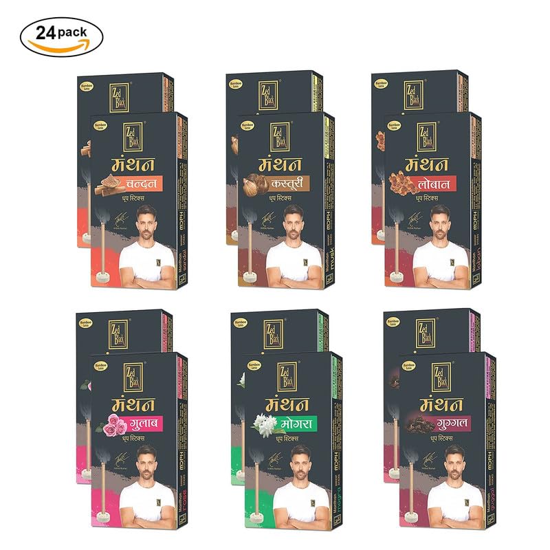 Zed Black Manthan Dhoop Sticks in 6 Fragrances - Mogra, Guggal, Chandan, Gulab, Loban & Kasturi - Pack of 24 (6 x 4) Bamboo Less Incense Sticks (240 Units)