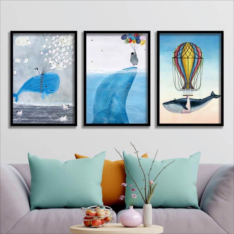 SAF paintings Set of 3 Sea And Whale Wall Painting for Home Decoration SA-BLACKMX33505