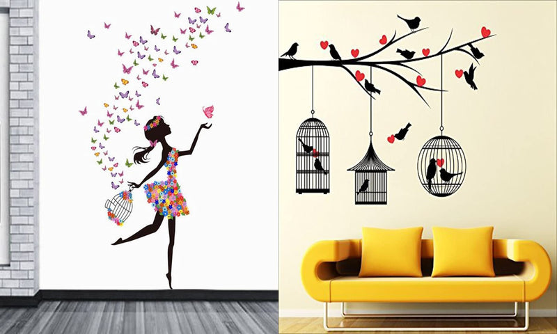 Ghar Kraft Set of 2 Wall Sticker Dream Girl and Love Birds with Hearts Wall Sticker