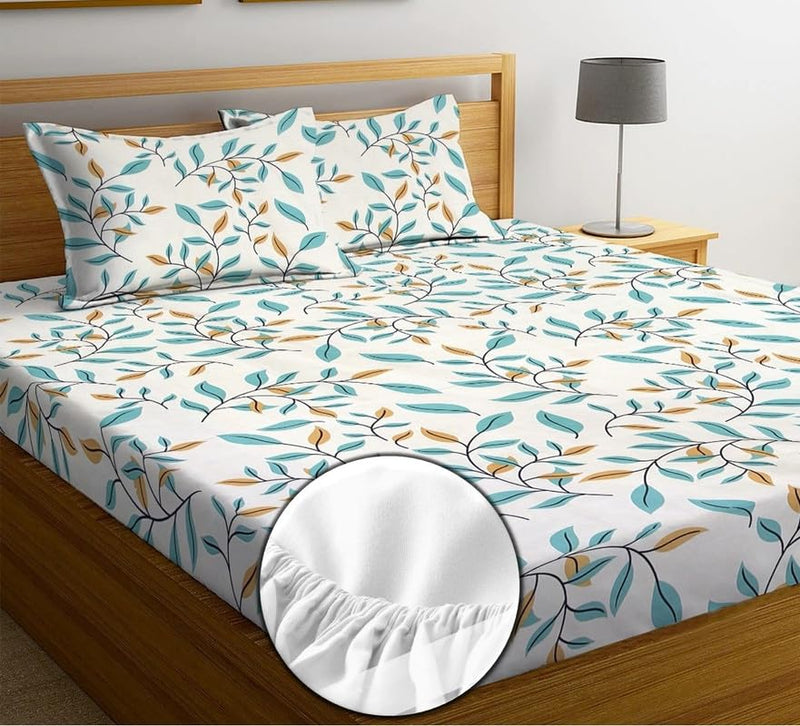 NHD HOME Premium Cotton 210tc Elastic Fitted Bedsheets with 2 Pillow Covers | Double/King Bed with All Around Elastic Wrinklefree Supersoft Breathable |Size-78 x72+8 inches |Floral, White & Green