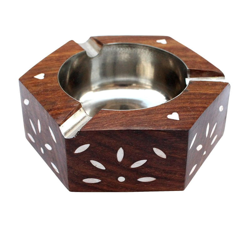 Edencart Beautiful Decorative Antique Wooden Ash Tray (Home Decor) | Made with Rosewood | Ash Tray for home, Office (Hexagonal)