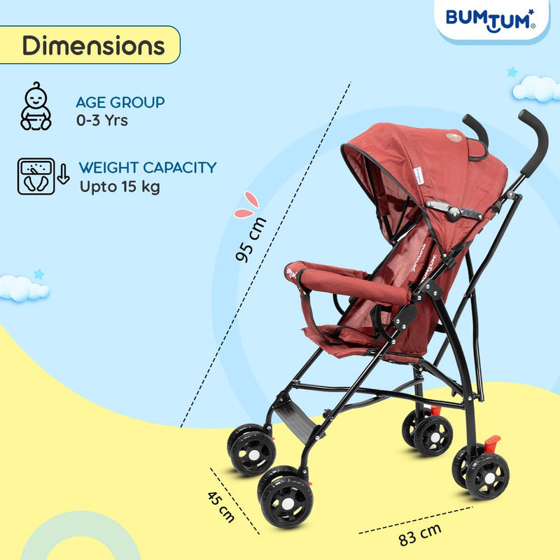 BUMTUM Baby Slim Trim Stroller/Pram for 6 to 36 Months, Reclining backrest, Reversible Handlebar for Babies, Toddler & Kids(Red)