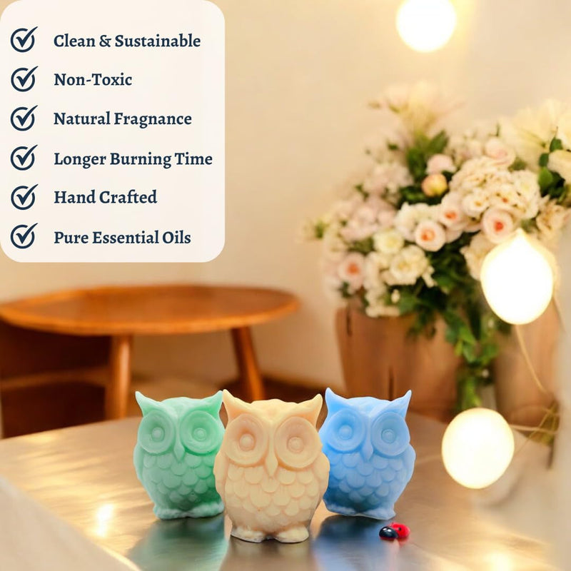 BeVibrance Soy Wax Owl-Shaped Candle (Pack of 3) - Vanilla & Fruit Scent, 20-25hr Clean Burn, Non-Toxic, Perfect for Gifting & Home Decor, 100% Soy, Aromatic - Yellow, Green & Blue