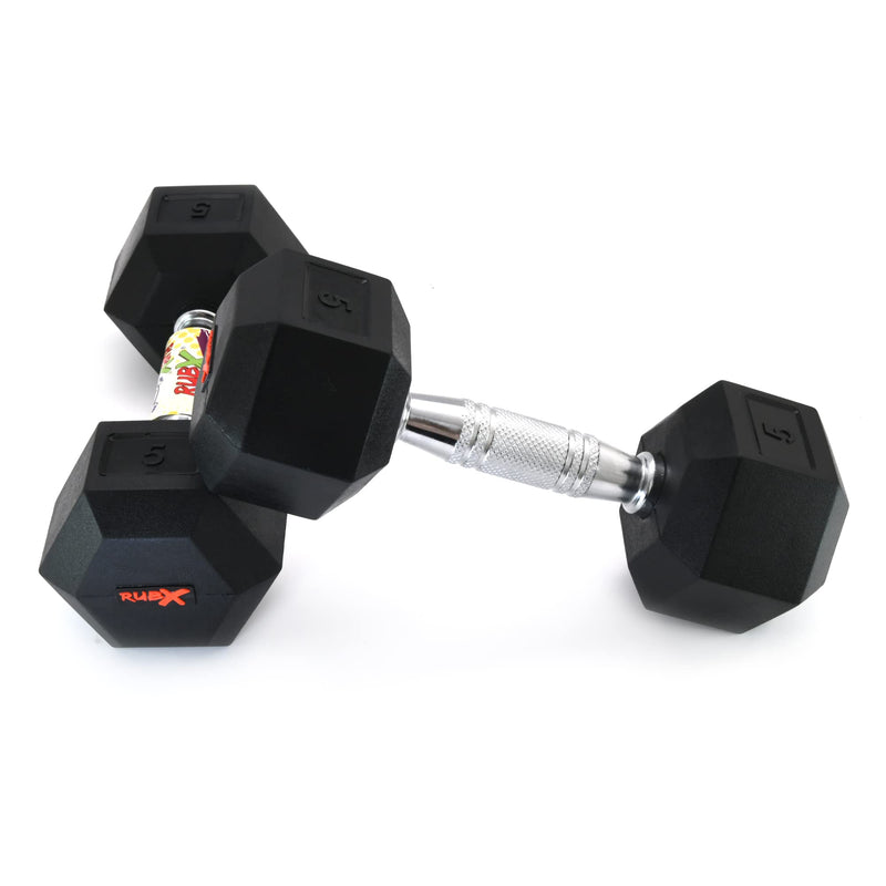 RUBX Rubber Coated Professional Exercise Hex Dumbbells (Pack Of 2) 5 Kg X 2Pc (Total = 10 Kg), Silver