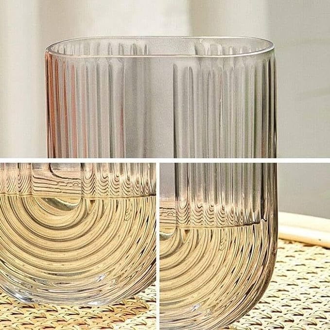 BELLU Black Ribbed Glass Flower Vase, 7.3" H Modern Small Vase, Ellipse U Shaped Fluted Striped Decorative Vase, Fit for Home Living Room Table Decor (Open:5" x 2.6")