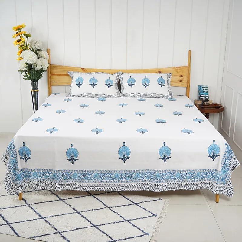 THE JAIPUR WALA Premium Hand Block Printed Pure Cotton Bedsheet-Set King Size (Floral Blue)