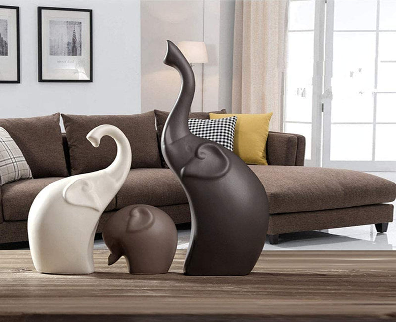 SRJANA Home Décor Elephant Family Matte Finish Ceramic Figurines - (Set of 3, Matte Brown)