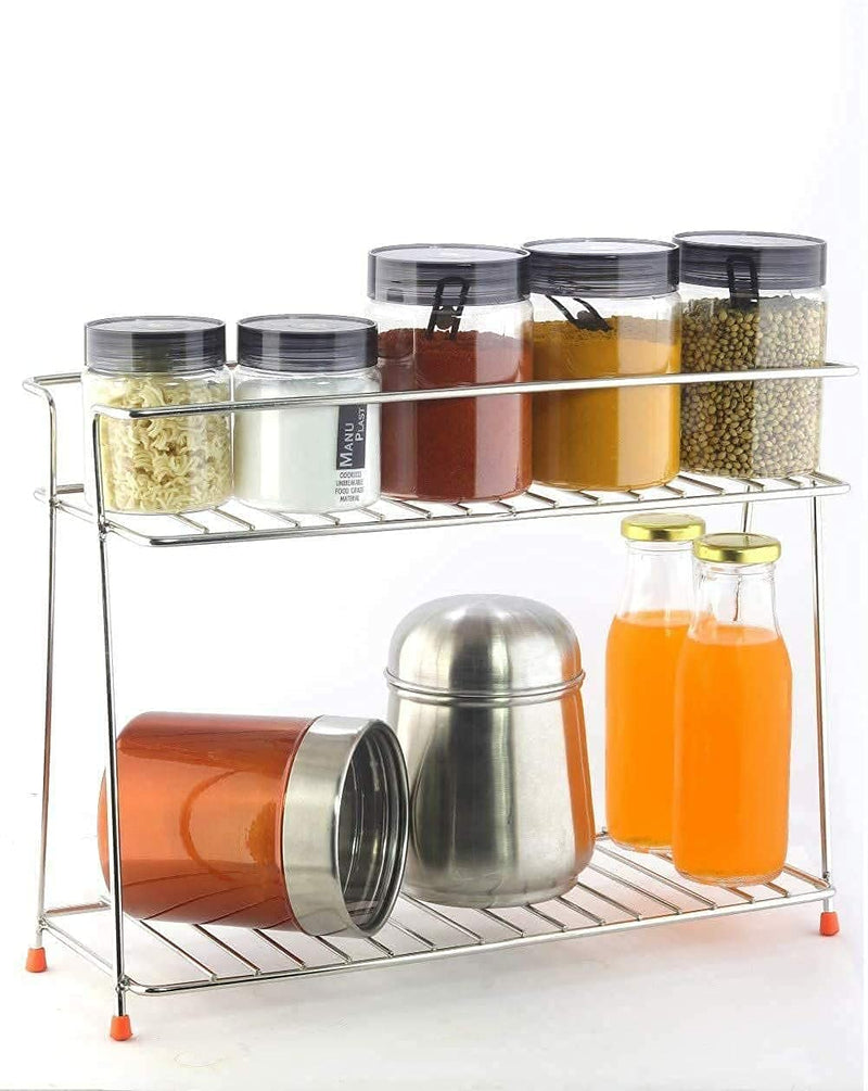 CR18 COLLECTION Multipurpose Spice Rack Stainless Steel 2 Layer Corner Storage Rack Shelf & Spice/Masala Boxes Container/Basket for Utensils-Dishes-Plates for Kitchen, Tiered Shelf