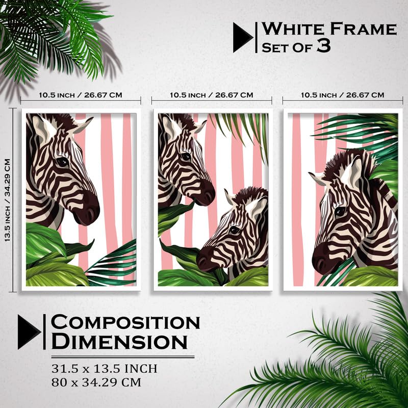 SAF paintings Set of 3 Zebra Boho modern art design Premium white Framed Bohemian wall painting for for Wall, Home and Living Room Decoration 80 cms x 34.29 cms COMBO-2061-K3