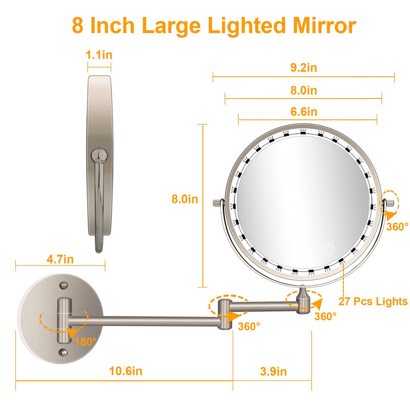 8 Inch Wall Mounted Makeup Mirror Adjustable LED Light Touch Screen 1X/10X Magnifying Two Sided 360° Swivel Extendable Vanity Mirror for Bathroom Chrome Finished Powered by Batteries