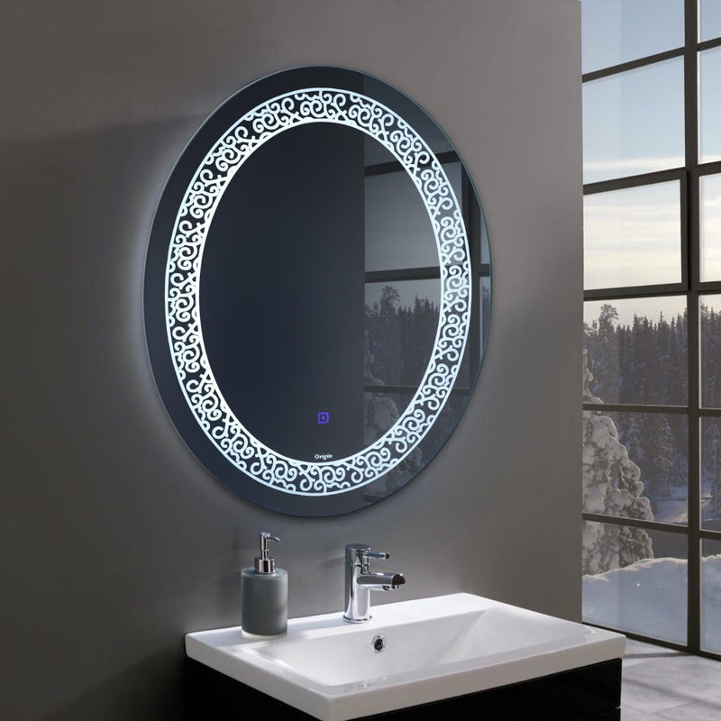 Crystal Indian Decorative Glass Led Circular Wall Mounted Washroom Mirror with Triple Light with Antique Broad Strip Design (24"X24" Inch)