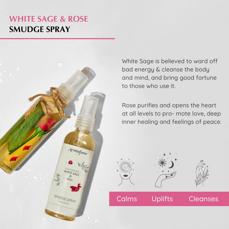 White Sage & Rose Smudge Spray by Aromafume | 100ml/3.3 oz | Sage Spray for Cleansing Negative Energy & Protection | Non-Toxic | Room Spray for Spiritual Cleansing, Smokeless Sage Smudging