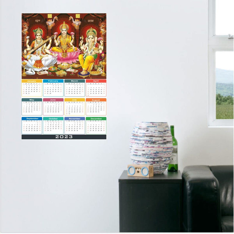 Asmi Collections Self Adhesive Goddess Lakshmi Saraswati God Ganesha with Calendar Wall Sticker (Lakshmi-Saraswati-Ganesha)