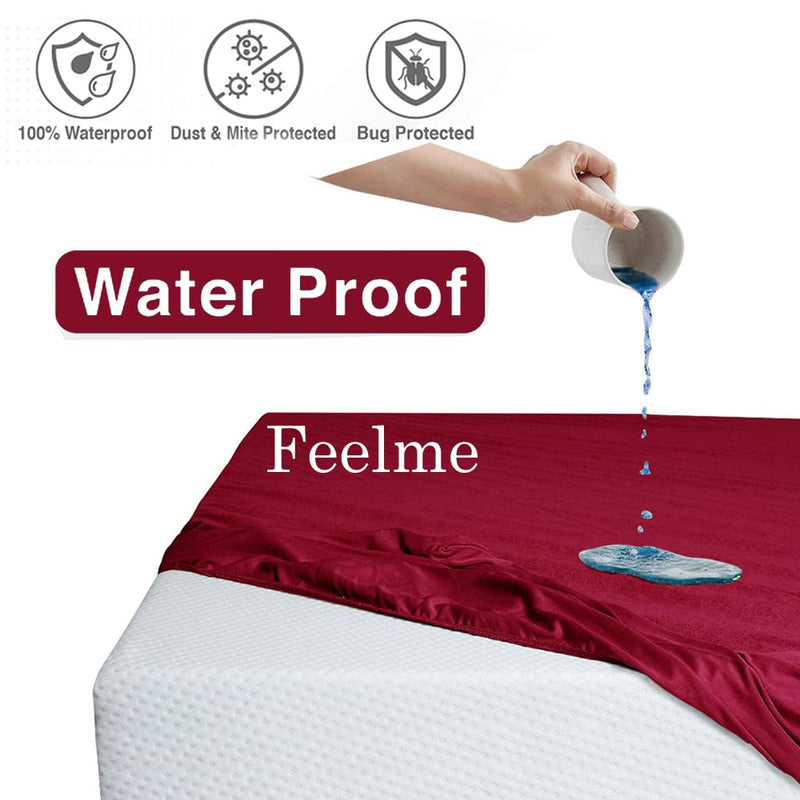 Feelme Terry Cotton Mattress Protector Queen Size Waterproof Bed Cover (75x60, Maroon)