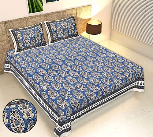 100% Cotton Bedsheet for Double Bed with 2 Matching Pillow Covers | 240 Thread Count 90x108 Inch Flat BedSheet | (Print-8-Bedsheet-Blue)