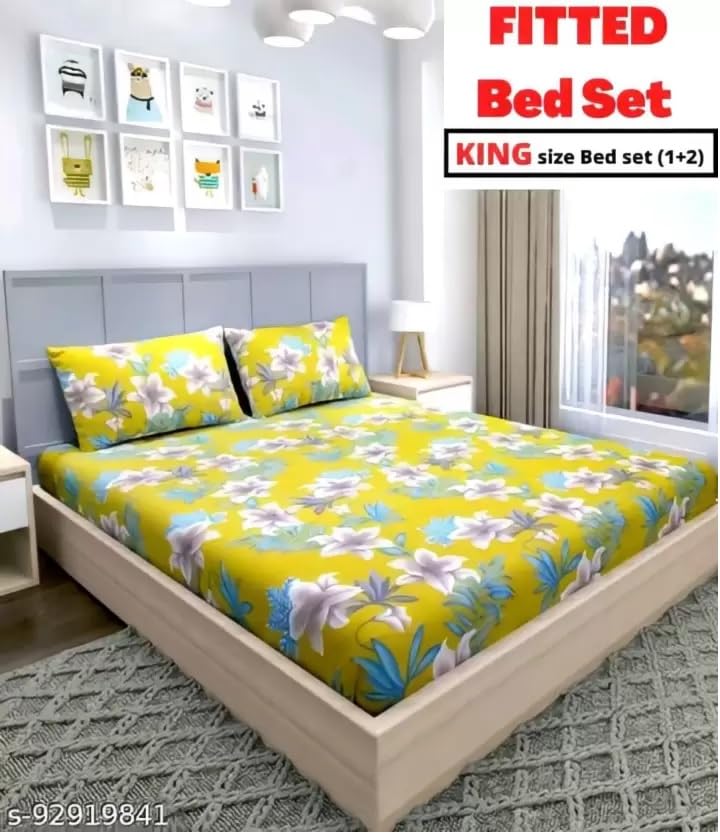 COMFOLUST Cotton Printed King Size Double Bed Elastic Fitted Stripe Bedsheet with 2 Pillow Cover (72x78) Inch (Yellow)