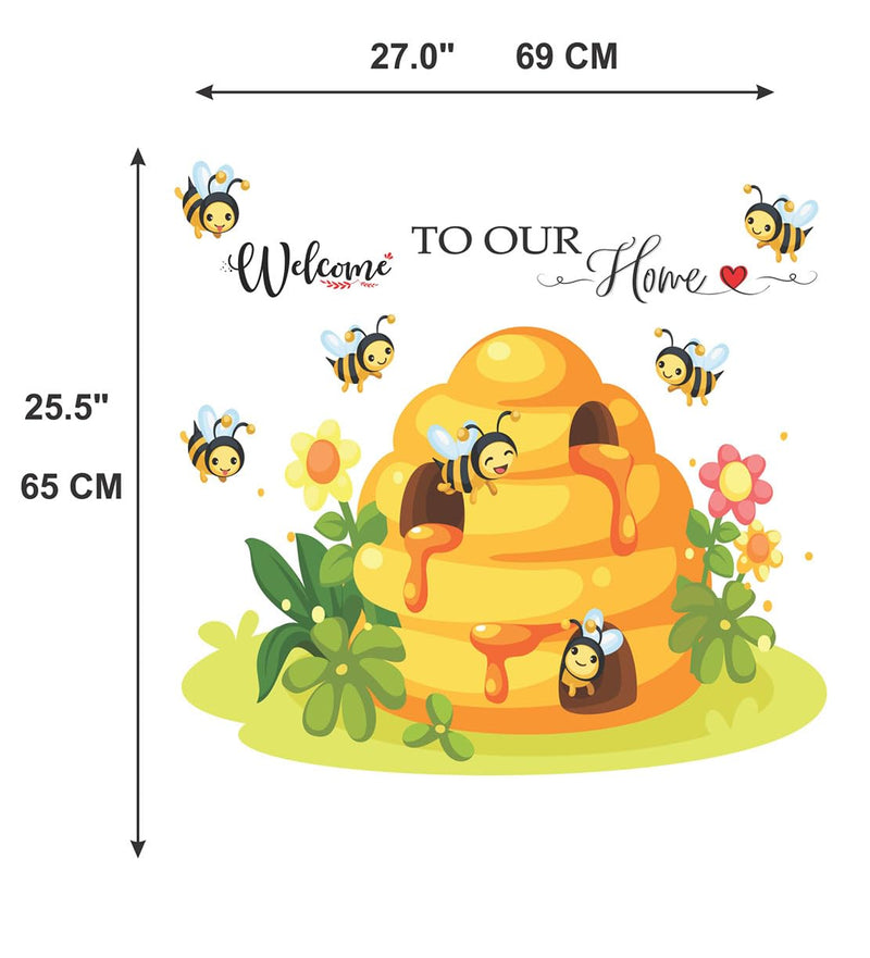 Wallbook Welcome Honey Bee Wall Sticker | Wall Stickers for Home, Kitchen, Office, Bedroom & Living Room (65 x 69 cms)