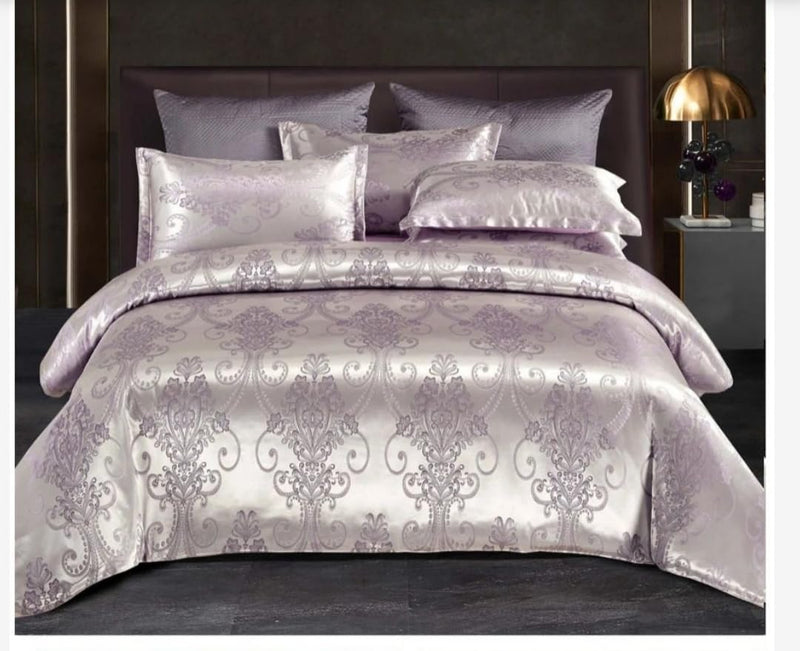 it&C's Imported Jackquard Silk and Cotton 5 Pcs King Size Double Bed Bridal Designer Bedding Set with Heavy Quilt/Comforter (Silver Purple)