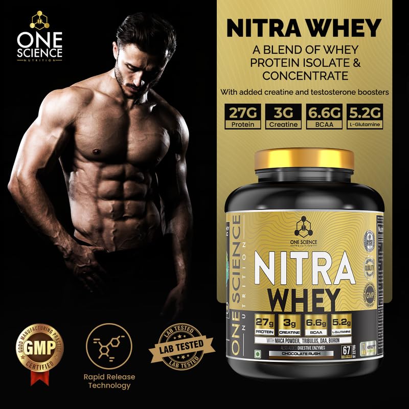 One Science Nutrition (OSN) Nitra Whey - DAA, Tribulus Terrestis, Maca powder and Boron & Creatine Monohydrate | 27g Protein, 3g Creatine, 5.2g Glutamine, 6.6g BCAA - 5 lbs - (Chocolate Rush)