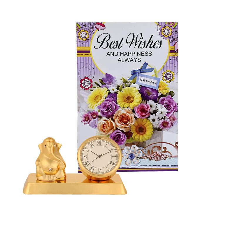 Saugat Traders Best Wishes Gift for Family Friends - Best Wishes Greeting Card, Metal Ganesh Idol with Table Clock Showpiece - All The Best Gifts