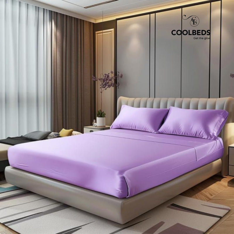 COOLBEDS Satin Bedsheet for Double Bed Elastic Fitted - Bedsheet for Double Bed - Double Bedsheet with 2 Pillow Covers - Satin Bedsheet - Elastic Bedsheet - 400 Thread Count - 203 x 152 cms (Lavendar)