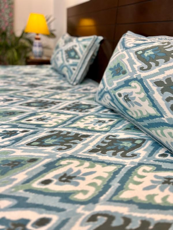 INDIEROOTS BY RENE Indiroot Jaipur Super King Size | 108 * 108 inches | Shades of Aqua Ikkat