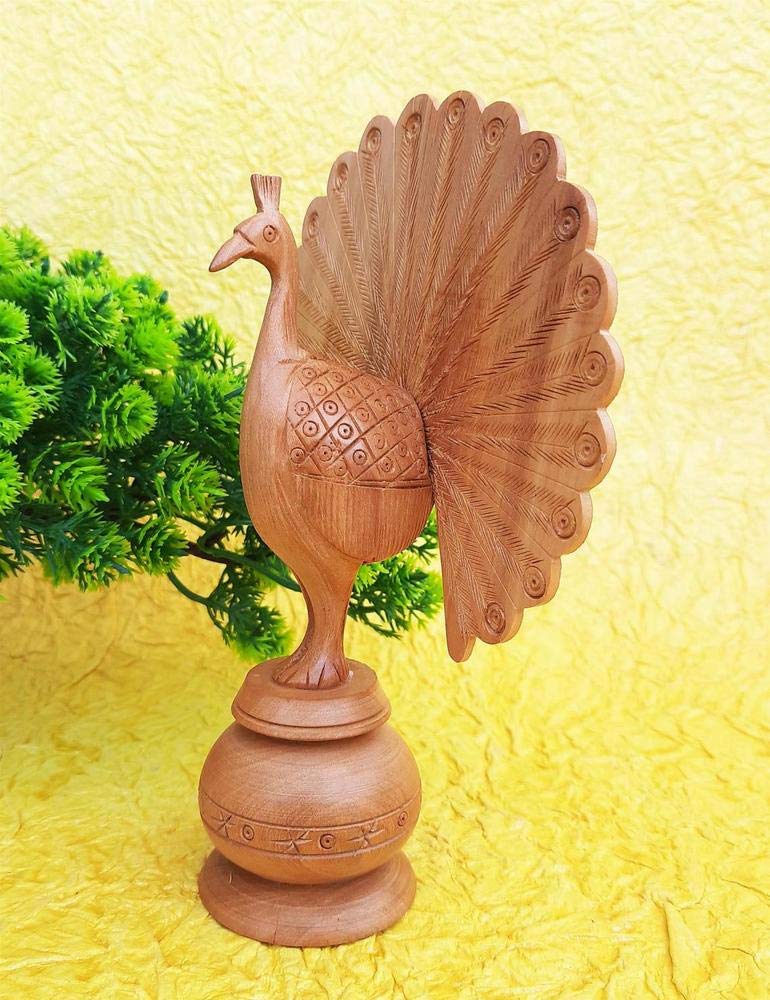 Agarwal Craft Palace Wooden Peacock, Wood Carving Peacock, Dancing Peacock, Peacock Showpiece, Wooden Peacock for Home Decor, Peacock Statue, Rajasthani Wooden Art, Open Feather Peacock (6 Inch)