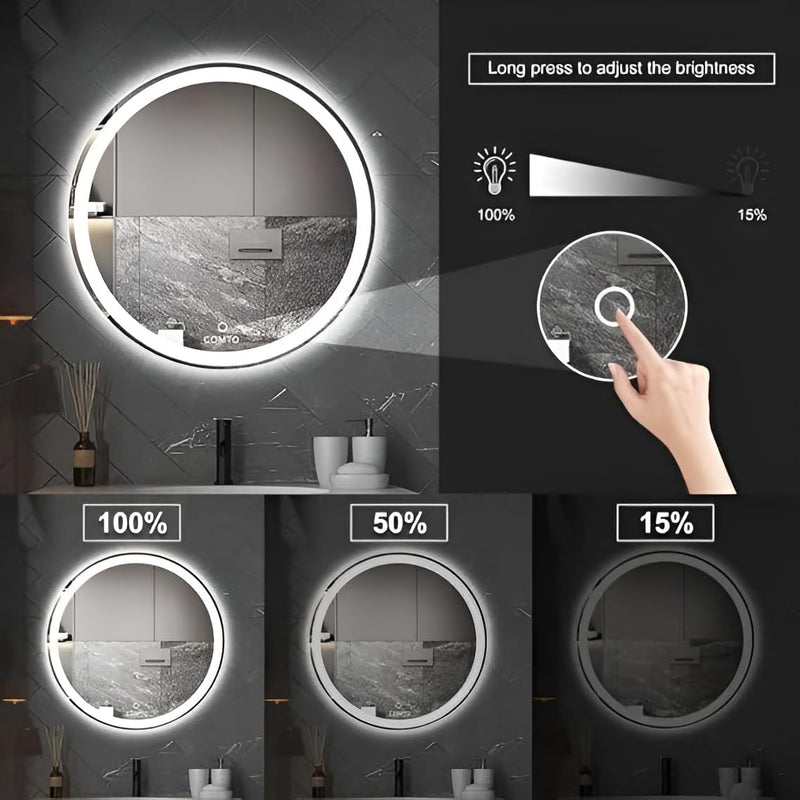 COMTO Round LED Wall Mirror for Bathroom Wash Basin Mirror 3 LED Lights (Warm,White,Natural White) Size 28x28 Inch Framed