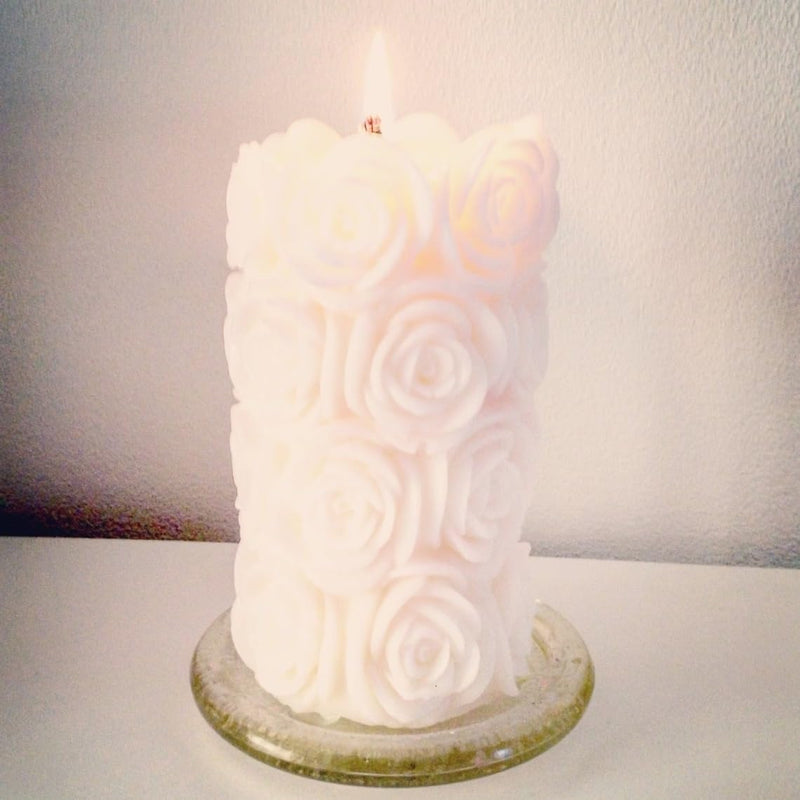 Whispers of Serenity Handcrafted White Rose Pillar Scented Candle, a Unique and Luxurious Decorative Piece for Any Occasion