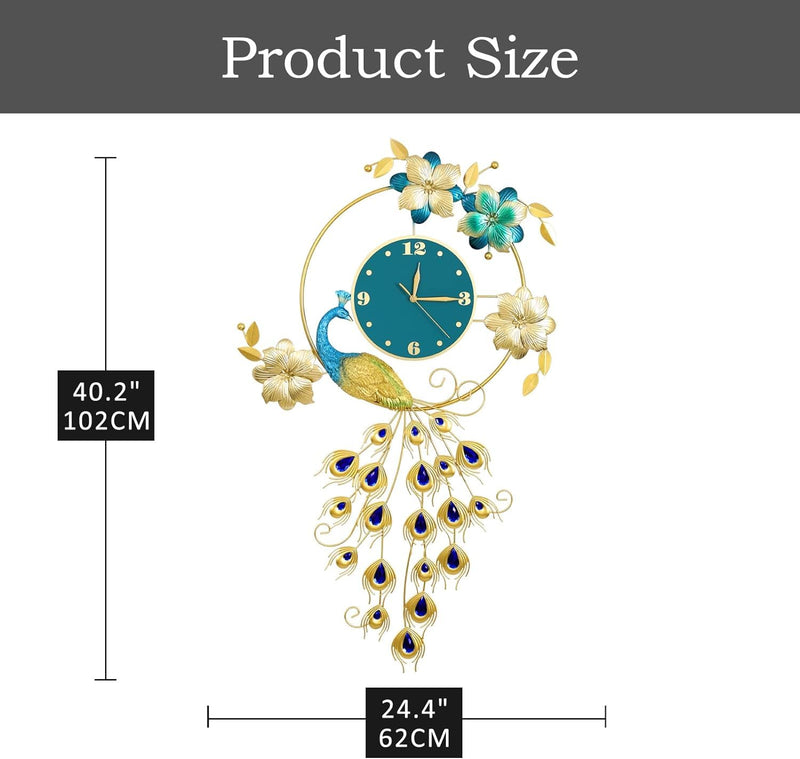 EKYLIP Peacock Digital Wall Clocks Large Decorative, Big Clock For Wall Living Room Decor, European Style Peacock Wall Clock Crystal Luxury Clock Creative Personality Modern(62X102Cm)