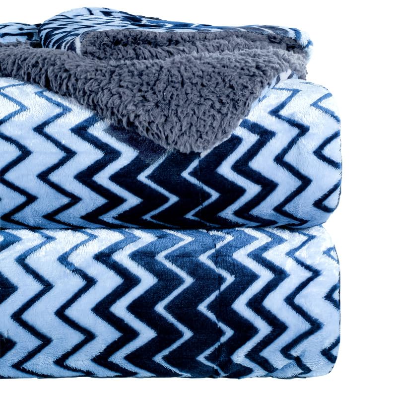 BSB HOME® Premium Micromink Winter/Mild Winter AC Blanket Sherpa Super Soft/Warm Flannel Jacquard Plush/Printed, Dark Blue & Grey, Size 220 x 230 Cms (Approx 7.6 x 7 ft) (Double), Skin Friendly