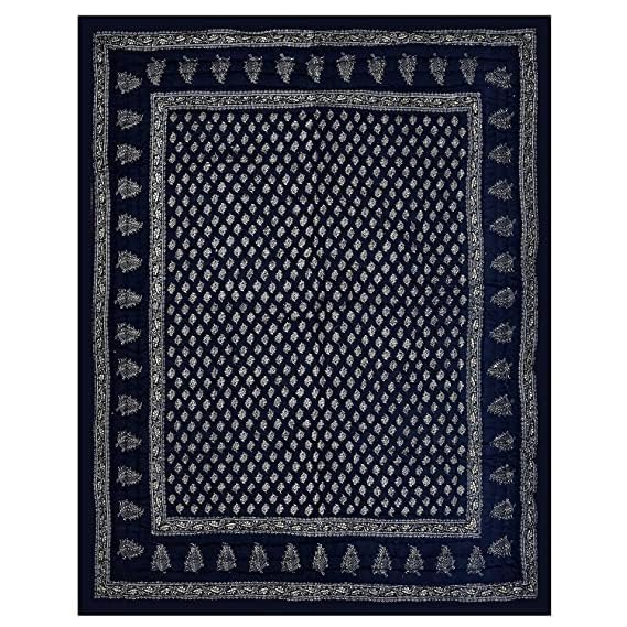 fashhub World Famous Jaipuri Light Weight Pure Cotton Traditional Rajasthani Print White Colour Double Bed Quilt/Razai/Rajai (Blue Dai Gold, Double)