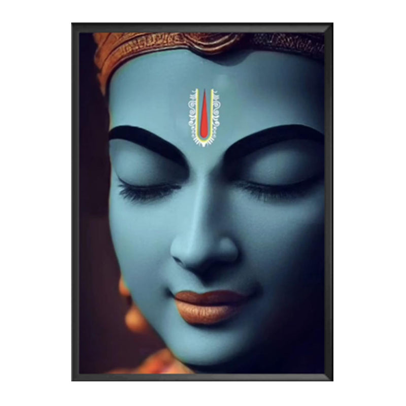 SANVIK CREATIONS Krishna Face Portrait Meditating Face Statue Religious Wall Painting Photo Frame, Synthetic Black Frame Digital Wall Art For Home & Office Décor