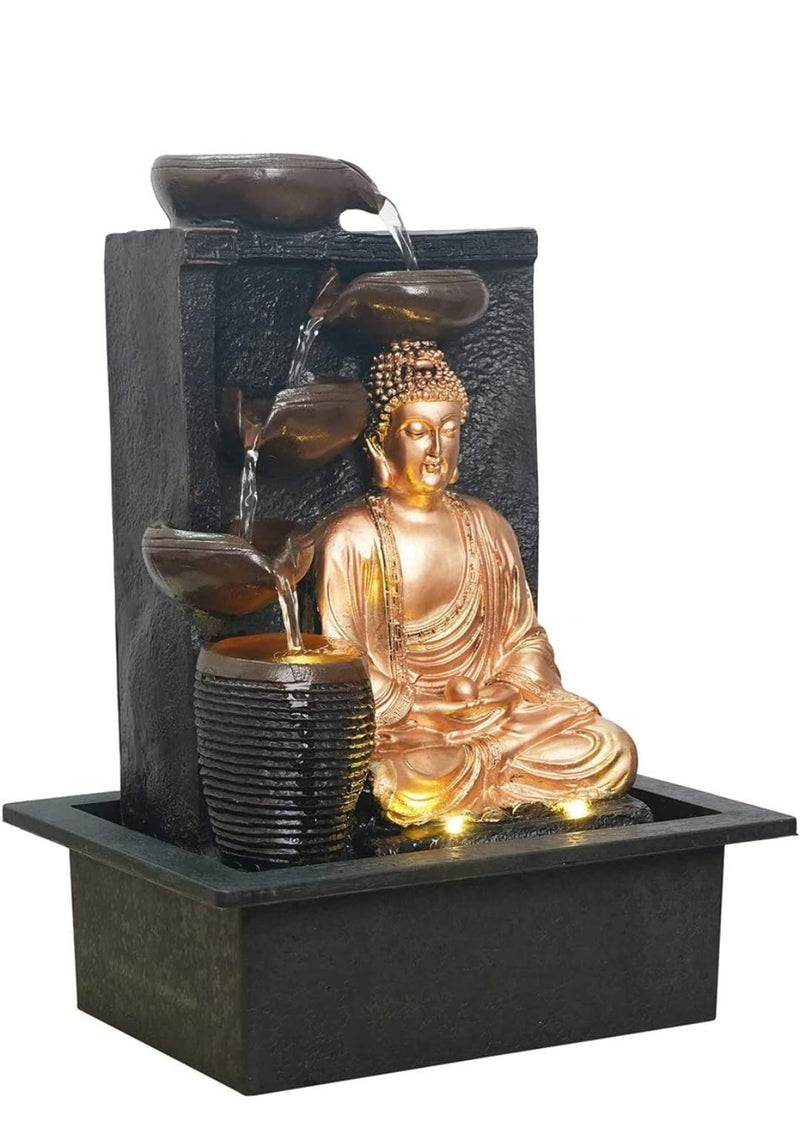 SOUL CREATIONS 4 Steps Attractive Brown Golden Diya Buddha Water Fountain with LED Light (Polyresin)- LxBxH-(30x22x40)cm