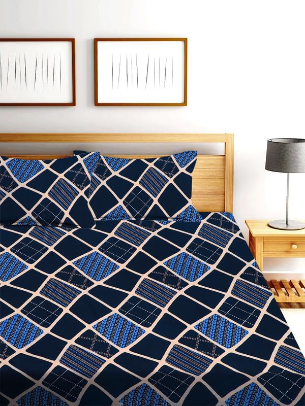 la' amour Home 100% Glace Cotton 210tc Double Bed Bedsheets for Supersoft Summer Breathable | Wrinklefree (Size- 228 x 230 Cm) with 2 Pillow Covers Abstract, Navy Blue