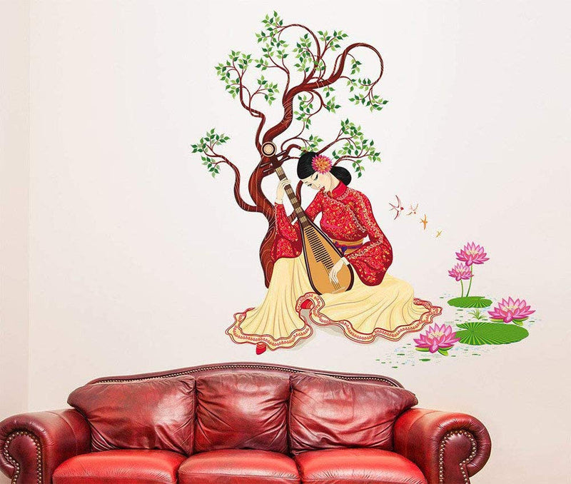 Artway 'Chinese Girl Playing Lute Under The Tree' Decorative Wall Sticker for Living Room, Bedroom (PVC Vinyl, 50 cm x 70 cm x 1 cm), Multicolour (Red)