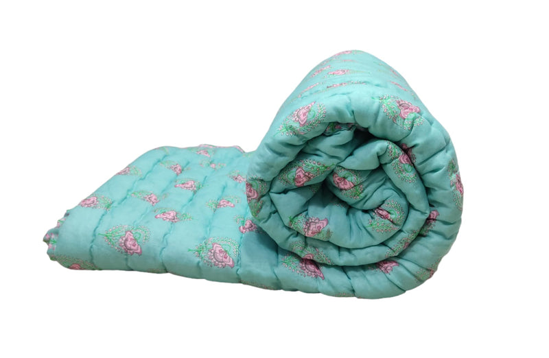 Gnudi Reversible Jaipuri razai for Winter Double Bed/Pure Cotton Jaipuri razai Double Bed/Jaipuri razai Double Bed for mild Winter, 85x100 inch (Sea Green)