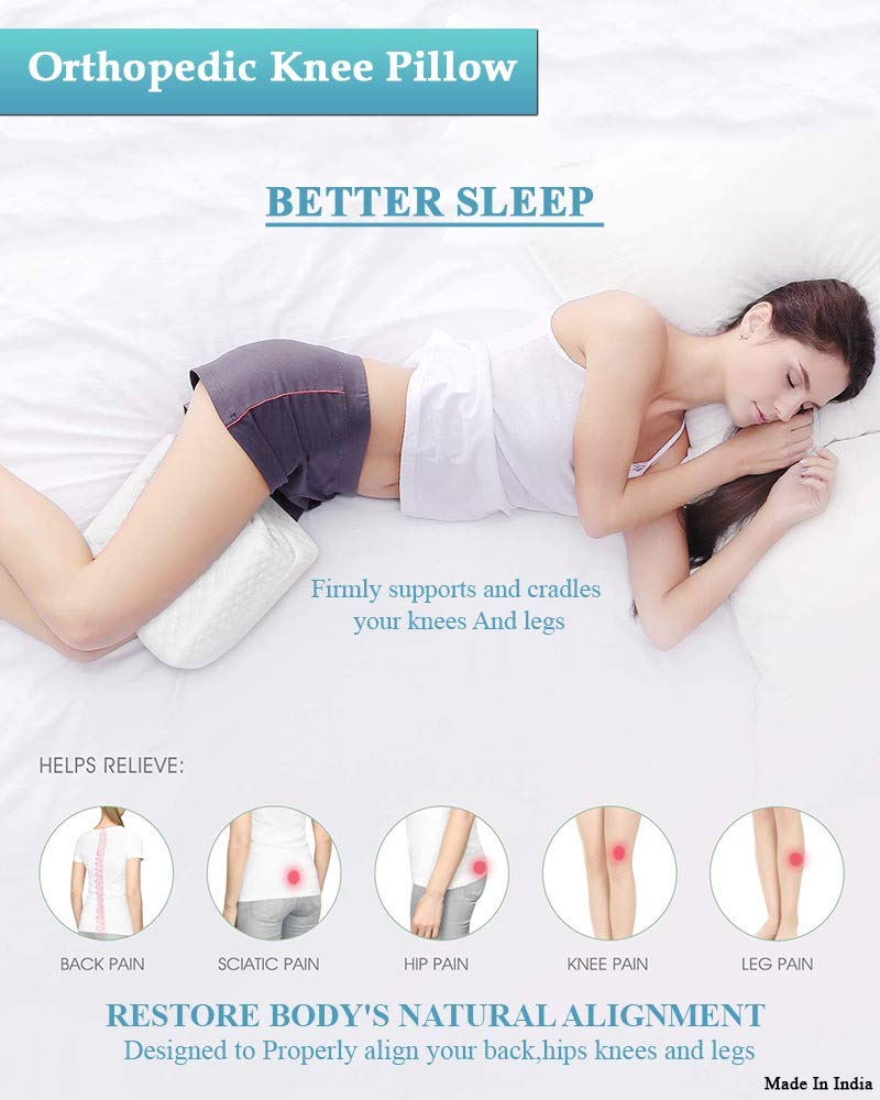 Orthopedic Memory Foam Knee Pain Pillow for Sciatica Relief,Back Pain,Leg Pain, Pregnancy,Hip and Joint Pain Knee Pain Pillow With Removable Leg Strap With pillow cover Jersey Cotton(9.5"L x 8"W x4"H)