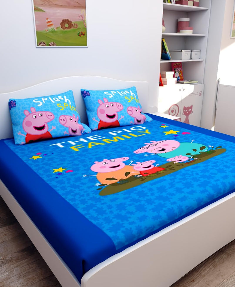 Athom Living Peppa Pig Printed Cotton Kids Double Bedsheet 270x270 cm with Pack of 2 Pillow Covers