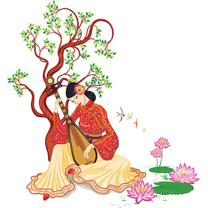 Artway 'Chinese Girl Playing Lute Under The Tree' Decorative Wall Sticker for Living Room, Bedroom (PVC Vinyl, 50 cm x 70 cm x 1 cm), Multicolour (Red)